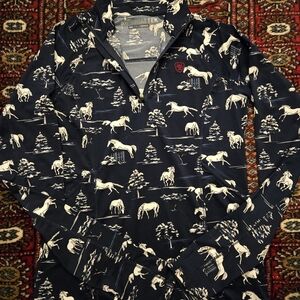 Ariat Navy and White Horse Print Quarter Zip- Small